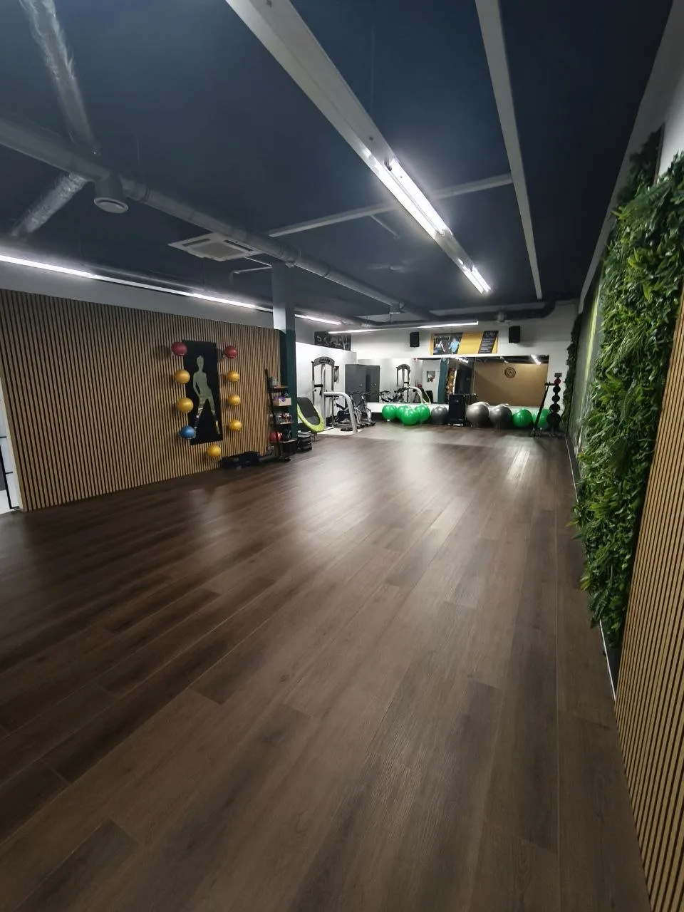 Funktionsfläche mit Holzboden, Kettlebells und begrünter Wand